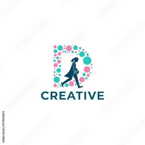 Creative letter D logo design with walking woman and colorful dots