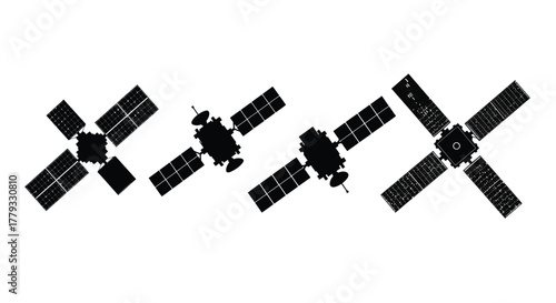Three satellites in silhouette isolated on white background, representing space exploration