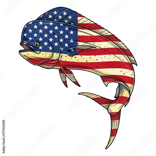 Mahi Mahi Fish with American Flag Skin for Offshore Saltwater Fishing Vector