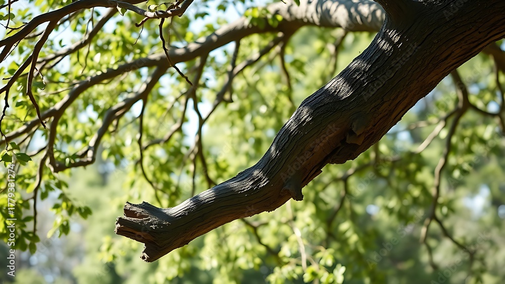 Fototapeta premium oligarchy. A broken tree branch hanging precariously from a tree, swaying in gentle wind under natural daylight. ESG reports.