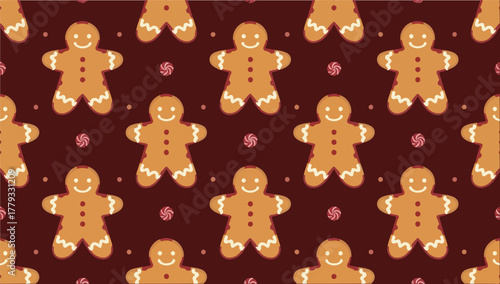 Vector illustration template featuring a repetitive gingerbread pattern in a flat design style, with bold lines, simple shapes, and a vibrant color scheme