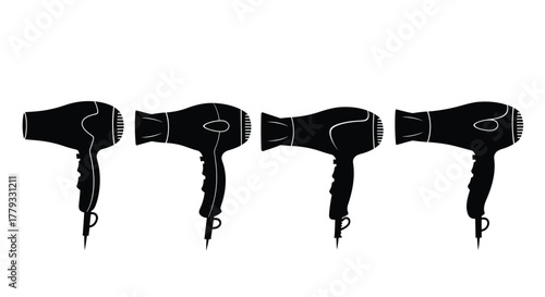 Four black hair dryers isolated on white background in a row design