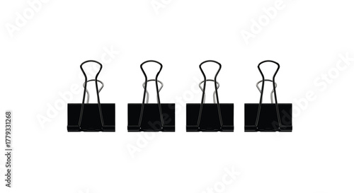 Four black binder clips isolated on white background in a row design