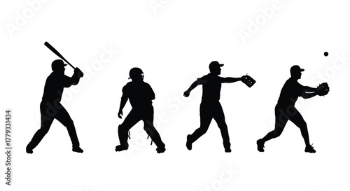 Four black baseball player silhouettes isolated on white background in a row