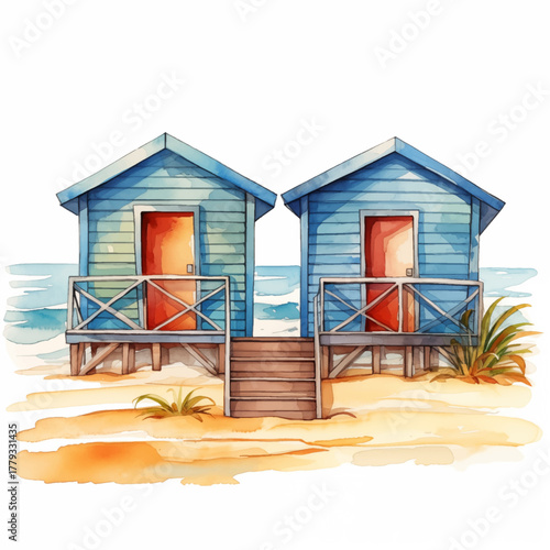 Beautiful watercolor painting of two charming beach huts on the sandy beach, serene, picturesque landscape, coastal living and vibrant colors. Vector design of two charming beach huts
