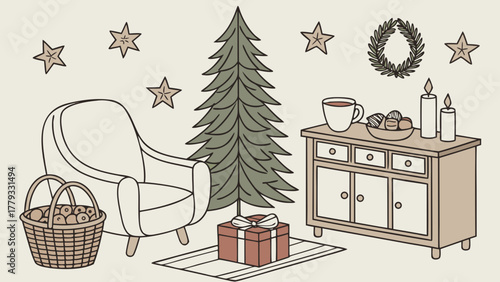 A cozy christmas scene with armchair tree present and cabinet decorated with wreath and stars above
