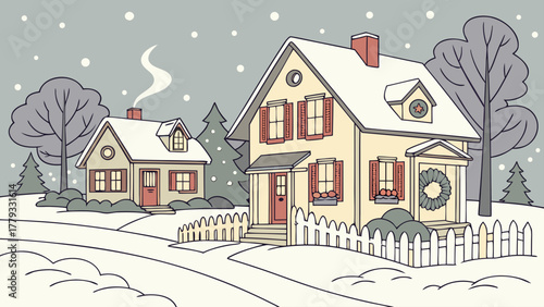 Illustration of two houses in a snowy landscape with trees and a white picket fence on a winter day