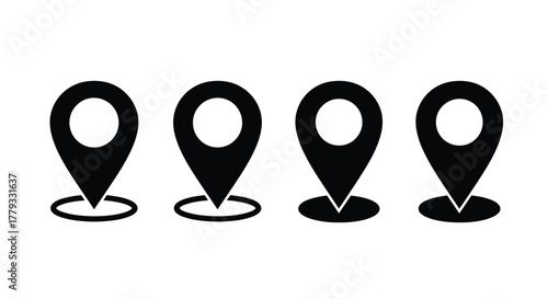 Four location pin silhouettes isolated on white background are displayed