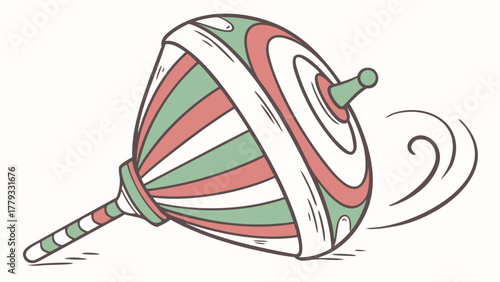 Illustration of a spinning top toy with red green and white stripes rotating on a white background