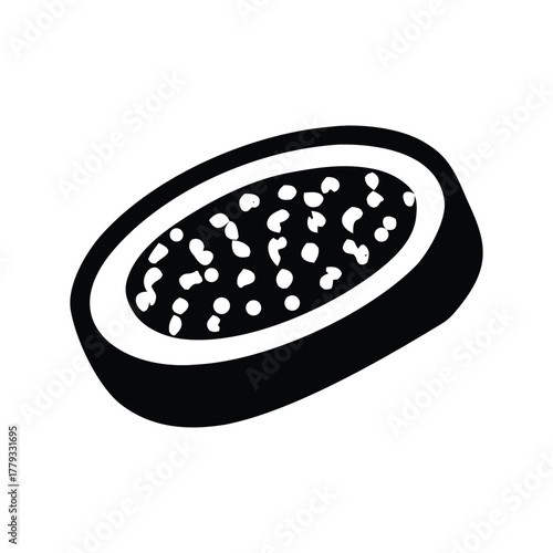 Black and white illustration of a cut papaya fruit, showcasing its seeds and texture, ideal for healthy eating and tropical themes