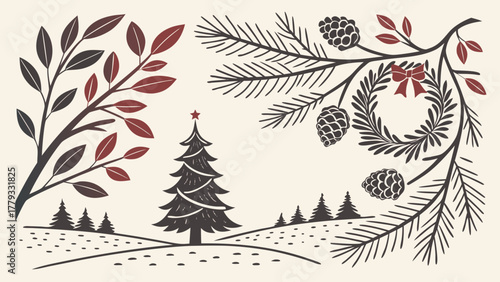 Illustration of christmas tree with star, pine cones, wreath, and branches on a winter landscape