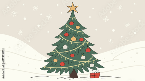 Decorated christmas tree with star and ornaments in snowy landscape with gift box present scene