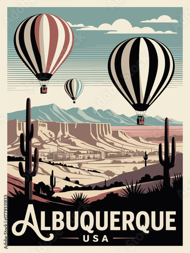 Retro linocut-style travel poster of Albuquerque, USA, featuring hot air balloons over desert hills in muted blue and tan tones with elegant vintage lettering