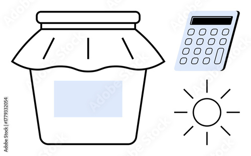 Jam jar with label, solar symbol, and calculator representing eco-friendly budgeting, renewable energy, resource management, sustainability, savings, clean energy, and simple flat metaphor