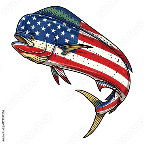 Mahi Mahi Fish with American Flag Skin for Offshore Saltwater Fishing Vector
