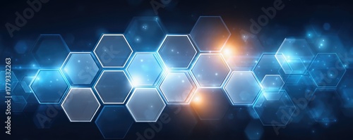 Business ecosystem and collaboration concept. A futuristic pattern of hexagonal shapes illuminated with blue and orange light, creating a high-tech visual effect against a dark background.