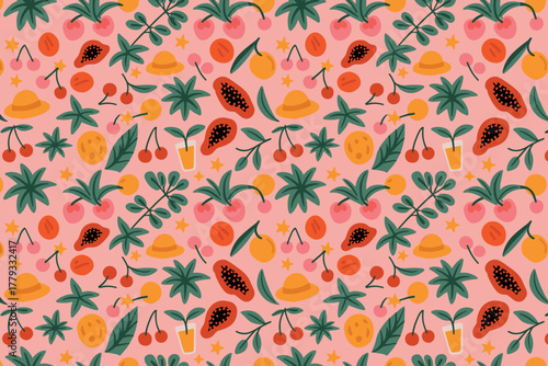Retro Colorful Seamless Pattern Vector. Summer Fruit, Papaya, Cherry, and Flower Tropical Background