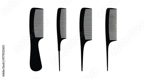 Four black combs isolated on white background for hair styling
