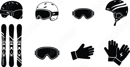 Skiing equipment icons, winter sports gear, protective helmets, ski goggles, gloves, skis, silhouette illustration, alpine adventure, cad drawing flat vector illustration