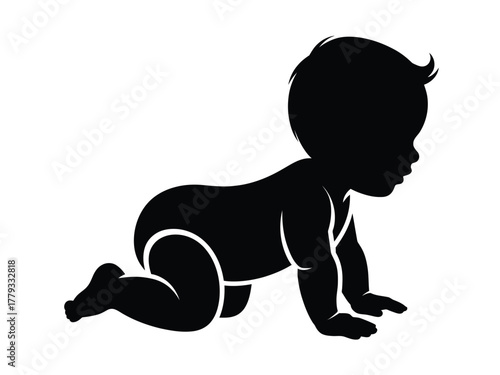 A silhouette of a baby crawling on a white background, representing early development.