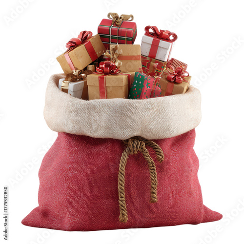 Santa Claus red gift sack filled with Christmas presents isolated transparent background