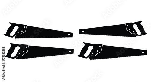 Four hand saws arranged in a pattern isolated on white background