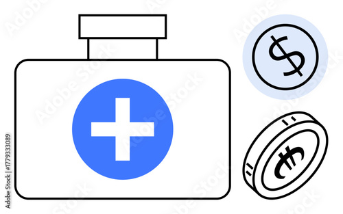 Medical kit with a blue cross, dollar and euro coins emphasizing healthcare expenses, insurance, and financial support. Ideal for healthcare, insurance, economy, savings, budgeting investment
