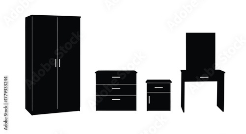 Furniture set isolated on white background, featuring a wardrobe, drawers, and vanity