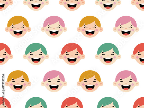 A seamless pattern of cheerful, diverse cartoon children laughing joyfully.