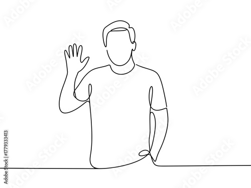 A person raises their hand in a friendly greeting, drawn in continuous line art.