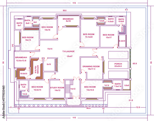 Architectural floor plan vector of a spacious modern home showing room distribution, layout design, and accurate building measurements, 115x90