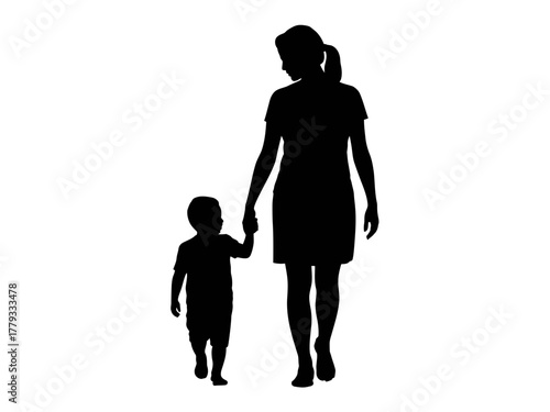 A mother and child walk hand-in-hand against a white background, representing family and togetherness.