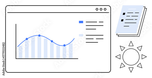 Graph screen with line and bar chart, stack of reports, sun symbol. Ideal for data analysis, business growth, productivity, insights, statistics strategy clarity. Simple flat metaphor