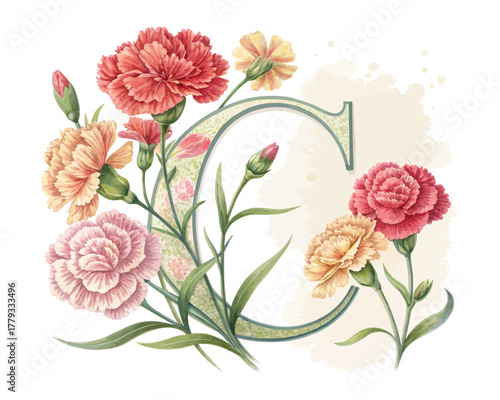 Watercolor Letter C with flower vector illustration isolated on white background