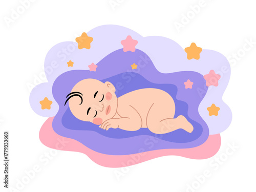 A peaceful baby peacefully sleeps amidst soft pastel clouds and twinkling stars.