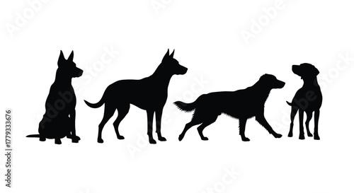 Four black dog silhouettes isolated on white background