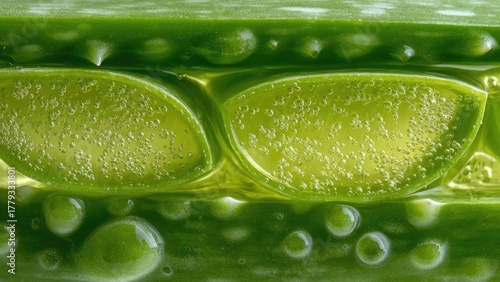 Macro shot of a green aloe vera leaf cut open, revealing translucent gel filled with tiny bubbles. Concept Macro Photography, Aloe Vera Gel, Translucent Bubbles, Green Leaf Texture, Close-Up Nature