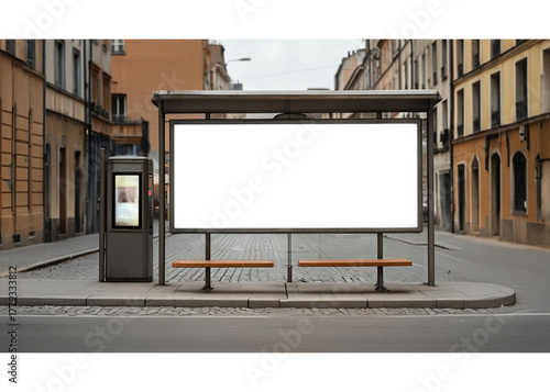 Blank billboard at bus stop, perfect for advertising campaigns in a bustling city environment, modern urban design