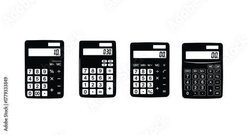Four calculator illustrations isolated on white background, representing financial tools