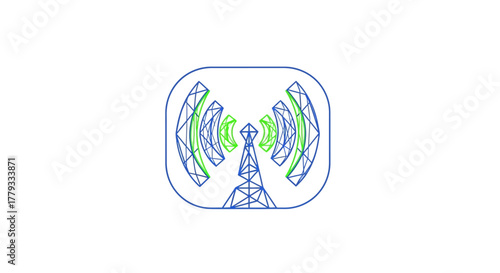 A blue line drawing of a radio broadcasting tower with green sound waves on a white background within a rounded square outline.