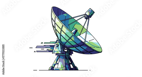 A colorful illustration of a satellite dish on a white background with a mix of blue, green, and purple hues.