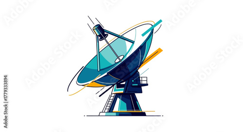 Illustration of a satellite dish antenna with a modern design on a white background with blue and yellow accents.