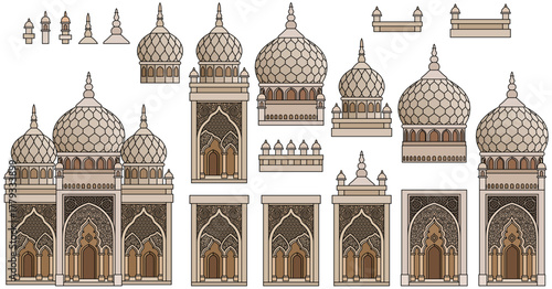 Set of stylized ancient Middle Eastern buildings in paper cut style. Perfect for games, travel guides, architecture projects, or historical infographics. Hand drawn vector illustration