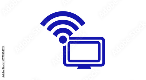A blue icon of a computer monitor with a Wi-Fi signal symbol above it on a white background.