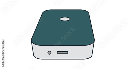 Teal and white portable power bank with a circular hole on a plain white background.