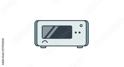 A simple line drawing of a white microwave oven with a dark screen and buttons on a plain white background.