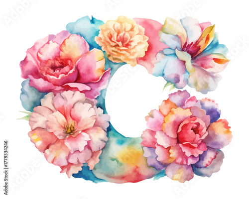 Floral Letter C Watercolor Monogram with Flowers vector illustration