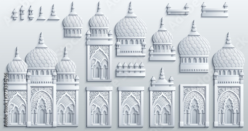 Set of stylized ancient Middle Eastern buildings in paper cut style. Perfect for games, travel guides, architecture projects, or historical infographics. Hand drawn vector illustration