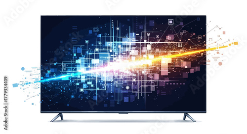 Modern flat-screen television displaying vibrant digital graphics on a white background with sleek design and colorful abstract light trails.