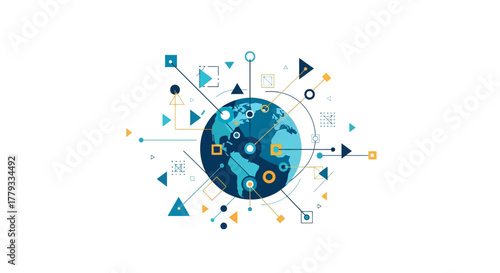 Infographic illustration of a blue globe surrounded by various geometric shapes and symbols on a white background with a modern and technological feel.